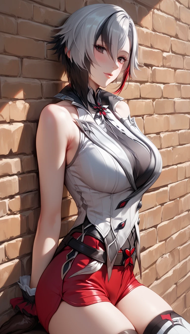 (hews art style:0.7), Fraction_9, Fraction_8_up, Fraction_7_up, Fraction_6_up, uncut , Arlecchino in the original god, Short hair, Silver Hair, colorful hair , black eyes, x-shaped pupil, rest (masterpiece:1.2), Best Quality , high-resolution , (Beautiful and detailed eyes:1.3), perfect lighting , (perfect hands, perfect anatomy), Heart, Very happy, huge breast, Chest Pressure , 1 Girl, breast, unique , Gloves, shorts, Over the knee socks, red shorts, watching the audience, Side Breast, short shorts, Brick Wall, brown Gloves, Against the wall, white Over the knee socks, butt, 单Gloves, belt, thigh, blush, Bare shoulders, lean forward , , sleeveless, split lips , From the side