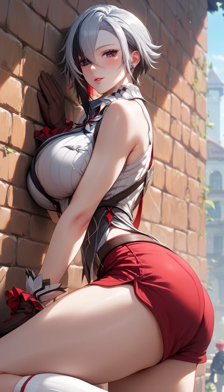 (hews art style:0.7), Fraction_9, Fraction_8_up, Fraction_7_up, Fraction_6_up, uncut , Arlecchino in the original god, Short hair, Silver Hair, colorful hair , black eyes, x-shaped pupil, rest (masterpiece:1.2), Best Quality , high-resolution , (Beautiful and detailed eyes:1.3), perfect lighting , (perfect hands, perfect anatomy), Heart, Very happy, huge breast, Chest Pressure , 1 Girl, breast, unique , Gloves, shorts, Over the knee socks, red shorts, watching the audience, Side Breast, short shorts, Brick Wall, brown Gloves, Against the wall, white Over the knee socks, butt, 单Gloves, belt, thigh, blush, Bare shoulders, lean forward , , sleeveless, split lips , From the side