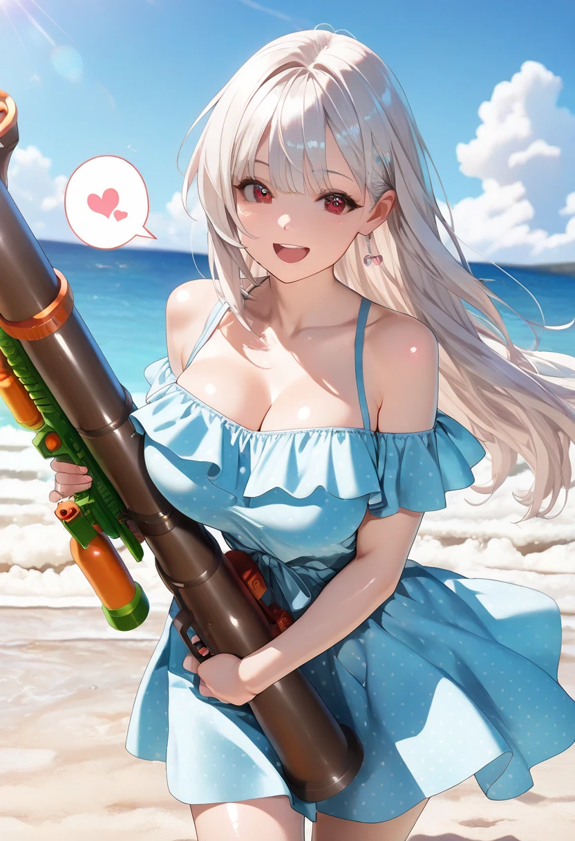 (masterpiece:1.6, best quality), (finely detailed beautiful eyes: 1.2), (Overhead view), high quality, beautiful face, 1girl, wide shot, white tshirt, leather short shorts, oversized leather jacket, open shoulders, red eyes, silver hair, large breasts, ponytail hair, wide hips, badass (leaning to the side, ), beach, background, detailed background,