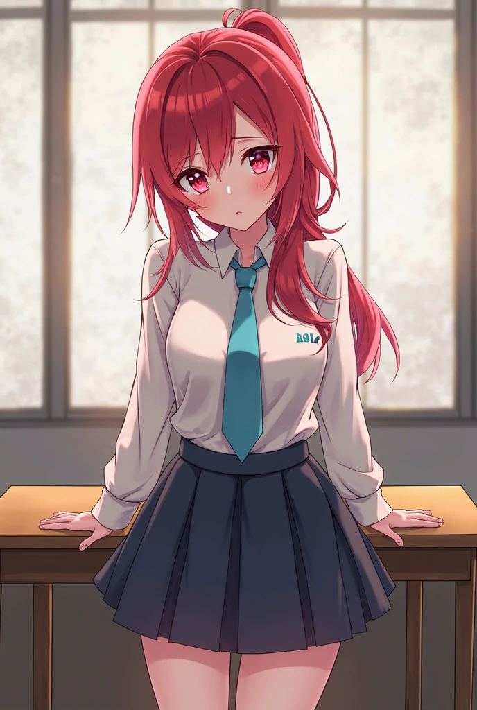 2D, masterpiece, best quality, Japanese cartoons, The face is rich in detail, Very detailed eyes, Very detailed background, Perfect lighting, 1 Girl, Solitary, whole body, permanent, Latex Leggings, White shirt, Red hair, amulet