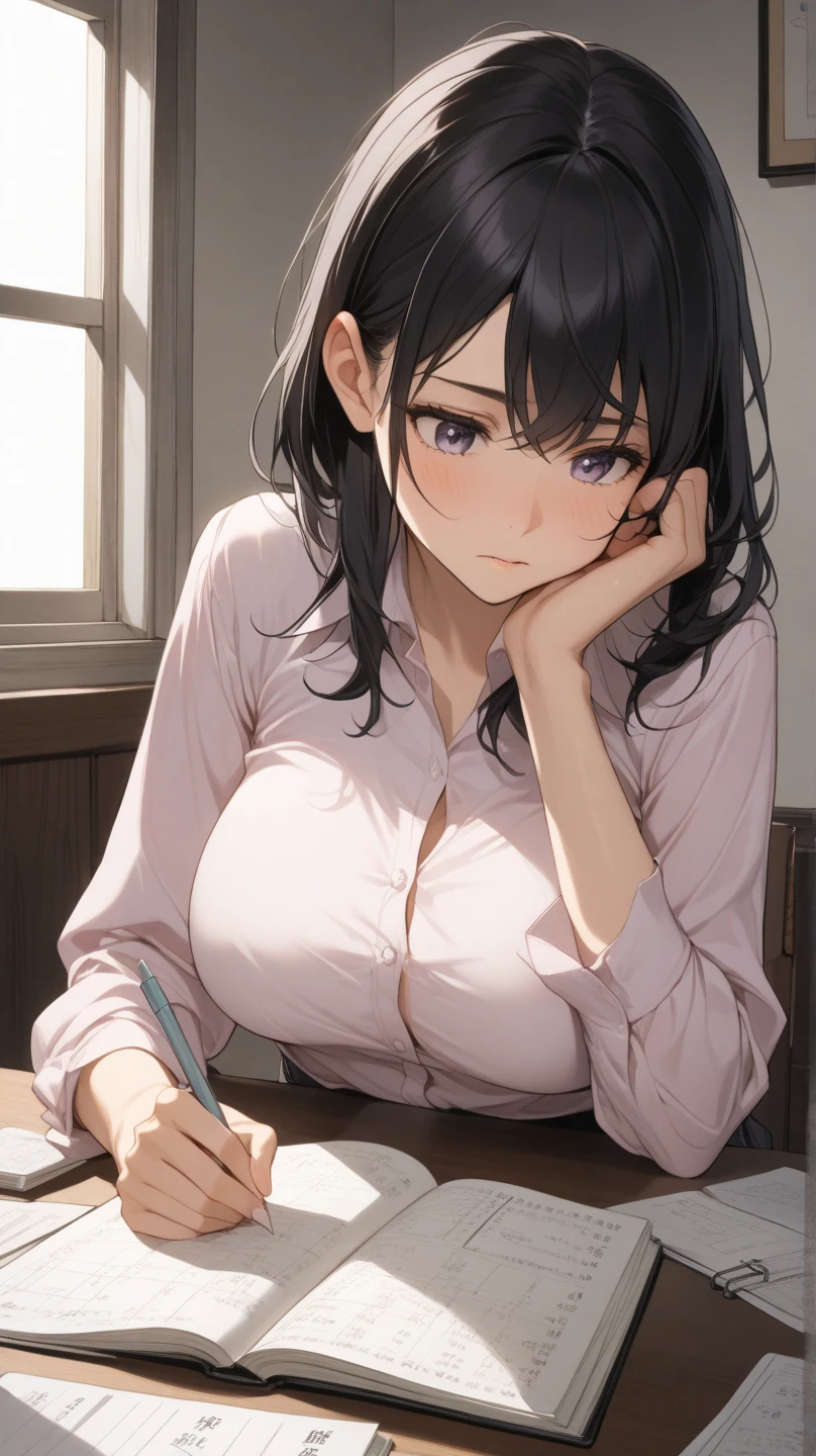 1 girl, (dark skinned:1.5), teenager, , score_9, score_8_up, score_7_up, best quality, high quality, masterpiece, Expressiveh, source_anime, masterpiece, black eyes, black hair, naked, unimpressed, big breasts
