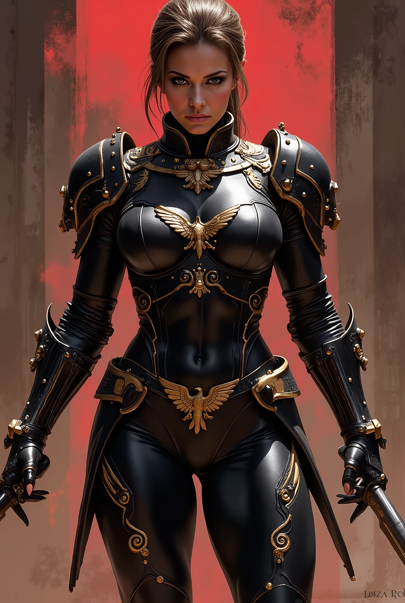 An extremely detailed comic book illustration in a dark fantasy or gothic style depicting an extremely curvaceous young woman in her late s wearing intimidating black power armor inspired by the armor of Warhammer 40k decorated with scrollwork in metallic gold accents and featuring a high collar or gorget with metallic accents with eagle Aquila symbolism like a science fiction dark fantasy roman legionnaire meets samurai in an art style inspired by Frank Miller and Conan the Barbarian . The armor appears to be black with red accents gold trim and combines elements of Warhammer 40k grim dark science fiction fantasy with elements of roman legionnaire armor and samurai armor and has a dramatic slit in the skirts to show off her extremely long legs . The artwork has a realistic quality while maintaining a stylized , fantasy aesthetic . The lighting in the piece creates dramatic shadows and highlights , particularly on the face and armor details . The overall mood of the piece is intense and somewhat dark , fitting for what seems to be a warrior or battle-oriented character . The background is in textured brushstrokes in shades of roman red , gold , and black . Standing in a dynamic action pose . Trending on Art Station