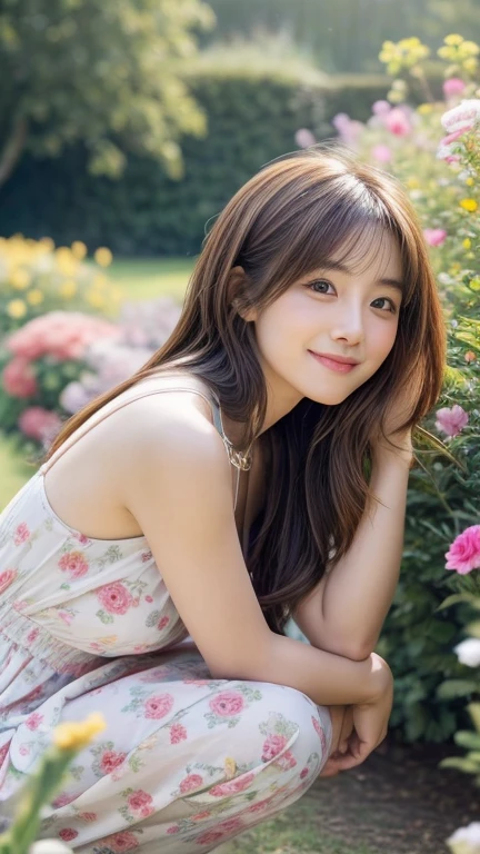Produce the highest quality and highest resolution 8K images。The model is a 20-year-old Japanese woman.。The image depicts a person smiling at the camera and taking a commemorative photo at a tourist spot.。Draw the whole body of the model。She has brown eyes and a model figure.、She has an idol-level cute face.。The hair is curly。Skin has a healthy color。What to wear、She's wearing a T-shirt and a skirt。