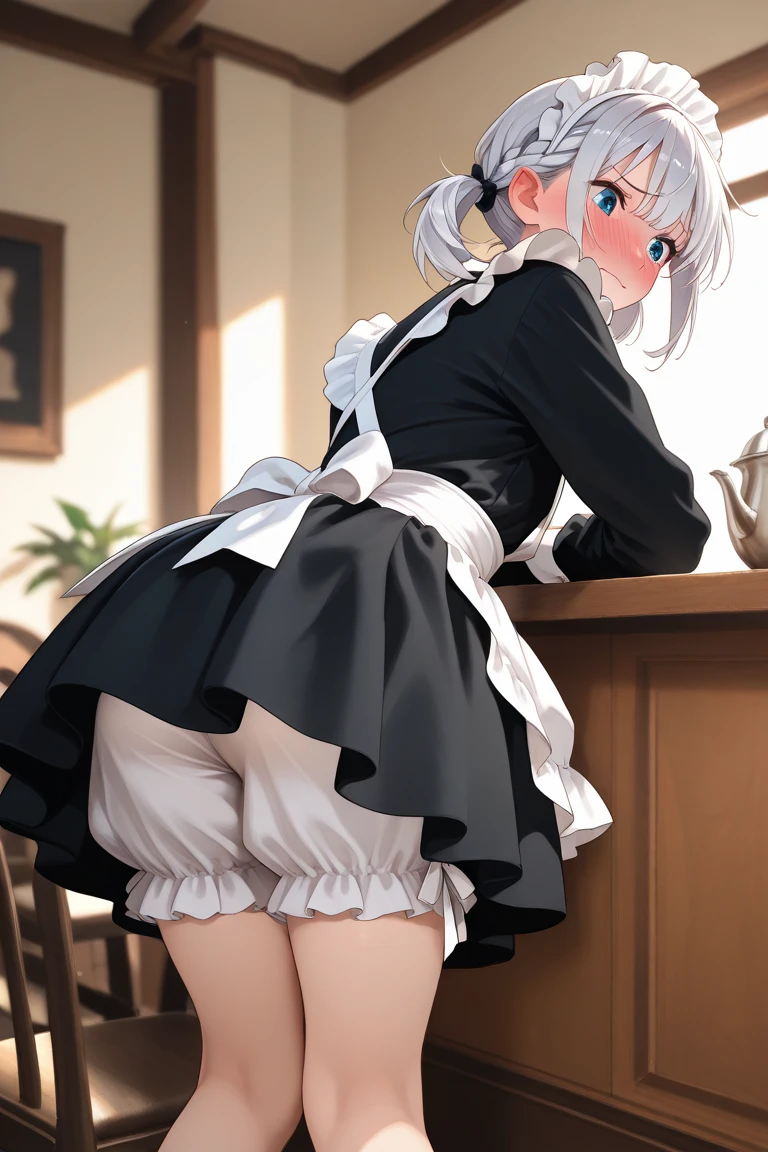 Silver Hair、Bob Hair ((()))(High quality eyes) ,(Turn around) Big Breasts (((solo))), Embarrassed, blush, Black Uniform、I'm pulling up my skirt (((A girl farts)))Standing with legs together
、(Holding on)((Her butt is facing me))(Loli face)((ow gas leaking from the anus))