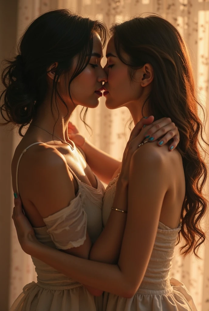 "Capture moments of passion and intimacy: Two Women, Deeply in love, Hug tightly, Share a passionate kiss."