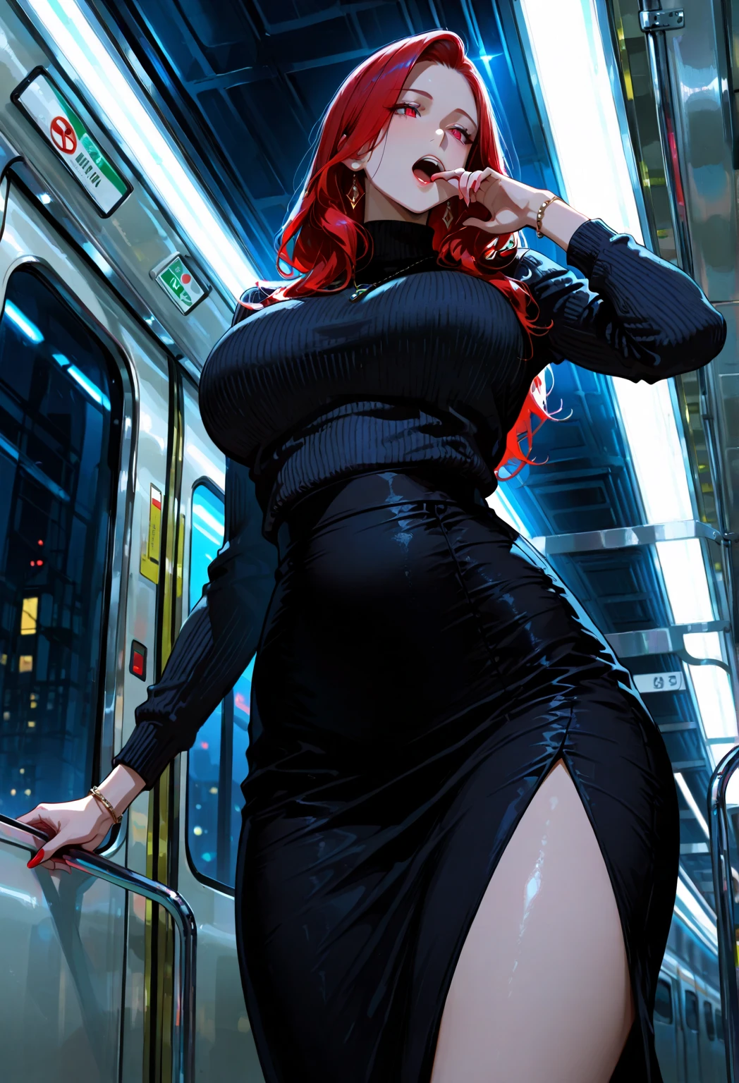Solo girl, megan fox's face, in an elegant shory pink dress is sitting on a bus with her legs far-apart and one leg up, holding leg from behind, showing wet white panties. she has short red hair. Big Wide breasts, cleavage, slim curved waist, wide hips, big Booty-cheeks, one leg up on window, heel on window, red heels, full body view, open eyes wide, green eyes, make-up, red pouty lips, drooling from mouth till cleavage,