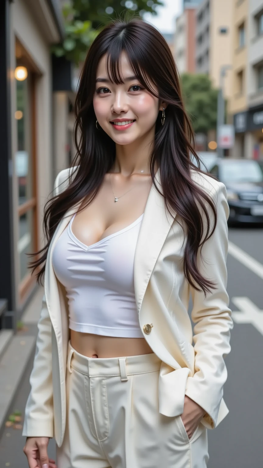 Smiling,absurderes,Keep your mouth shut,Balanced eyes,(Best quality details:1.2),realisticlying,8K high-definition,ultra - detailed,High-quality textures,Complicated details,Detailed textures,finely detailled,high detal,VerydetailedCG,(short skirt,Black stockings,long leges,Harnes,Expose cleavage,long whitr hair)City crossroads,choker necklace,looking at viewert,Stand up,(Side 1.2)。