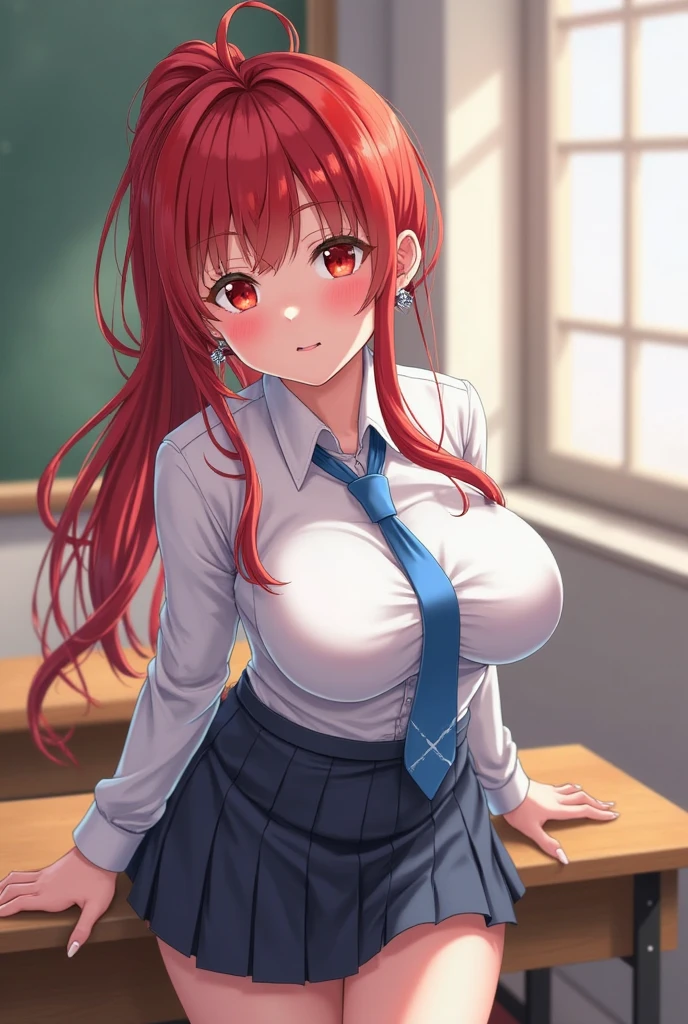 a schoolgirl with big breasts, dark red hair in a ponytail, beautiful detailed blue eyes, wearing a mini skirt, see-through shirt,flashing panties, making a peace sign, smiling, anime style, highly detailed, photorealistic, 8k, masterpiece, (best quality,4k,8k,highres,masterpiece:1.2),ultra-detailed,(realistic,photorealistic,photo-realistic:1.37),HDR,UHD,studio lighting,ultra-fine painting,sharp focus,physically-based rendering,extreme detail description,professional,vivid colors,bokeh