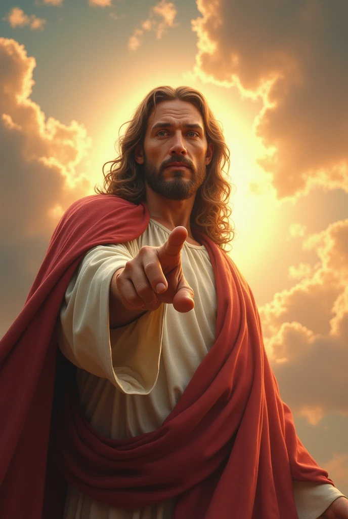 Wonderful Jesus Christ with a serious look pointing his finger forward, with a sky with rays in the background