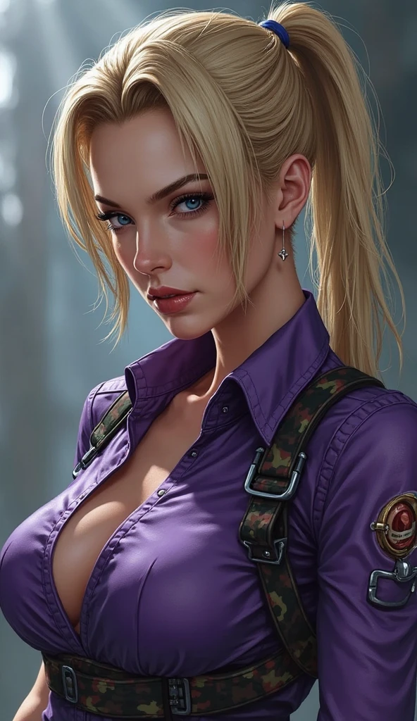 masterpiece, best quality, realistic image, ultra-detailed, depth of field, (photorealistic), dynamic position, fighting position, sonya blade, cute european girl, short jacket, crop top, blue eyes, blonde hair, midriff, sunny blue sky, cinematic light, sharp focus, detailed cleavage, Unity 8K wallpaper, looking at viewer