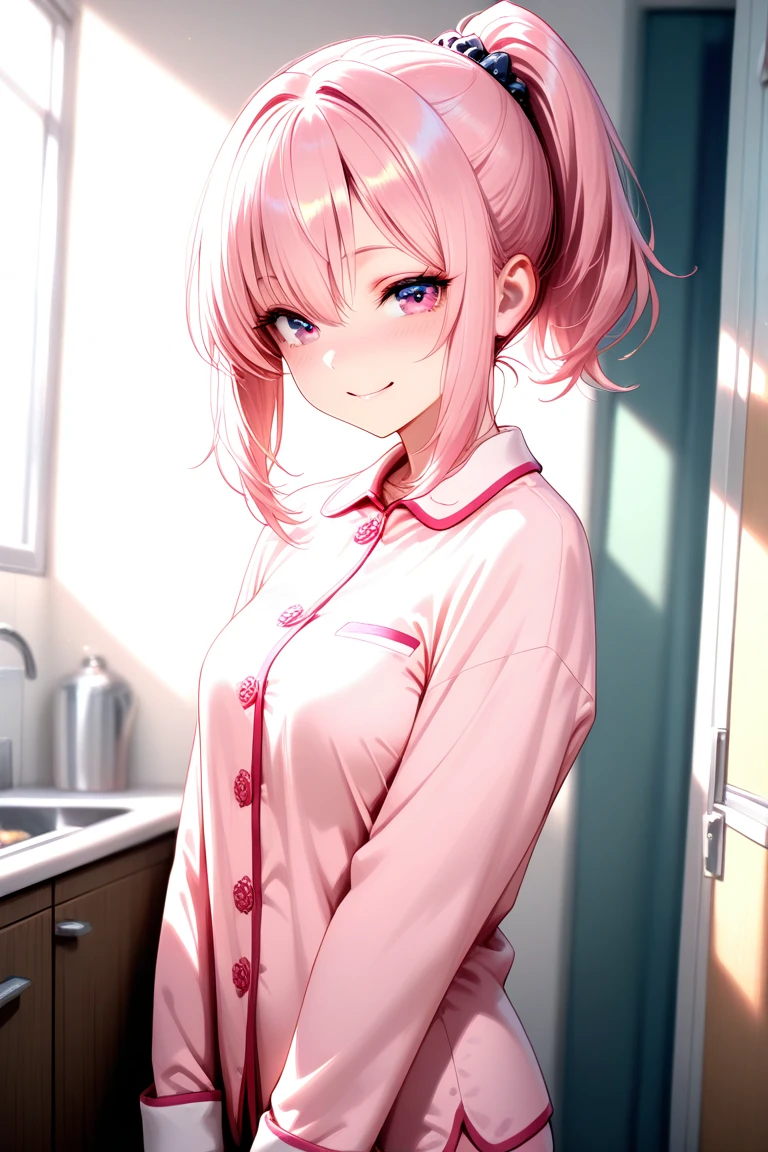masterpiece, best quality, 1 girl, detailed beautiful face, ((pink nurse)), bent over, down blouse, laughing, short hair, waved hair, twintail, white hair, nurse uniform with a few buttons unbuttoned, (flat chest), (small breast)