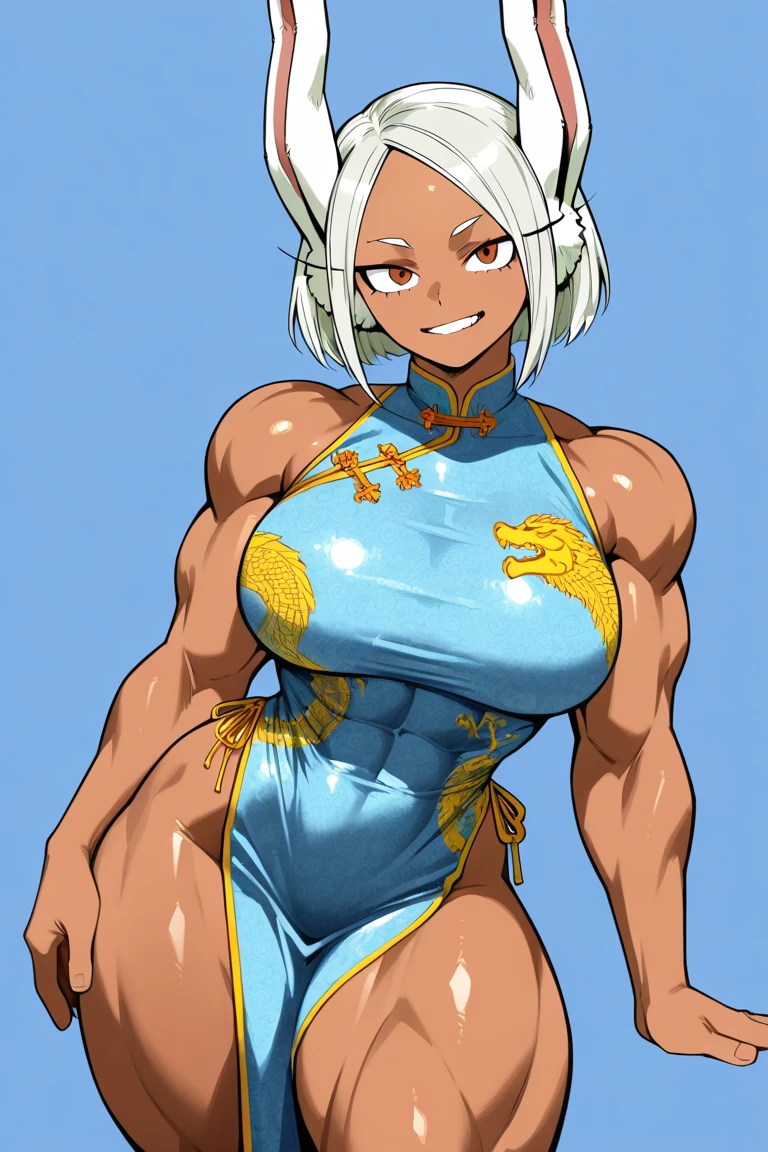 (1girll), huge tit, Breasts, Conque, Moisturizes skin, ,trpical garden ,  Red and yellow cheongsam， teens girl,realistic illumination，top Quority，8K，tmasterpiece,Muscular female,Muscular,Abs,(Blonde hair), (Blue skin:1.4),