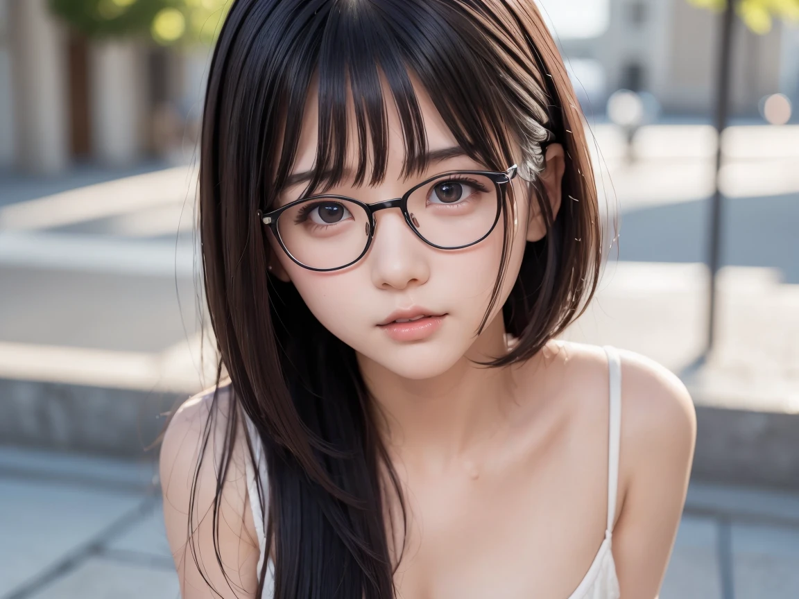 8k, masterpiece, RAW Photos, highest quality, Realistic, Highly detailed CG Unity 8k wallpaper, Written boundary depth, Cinematic Light, Ray Tracing,(Very beautiful face, Beautiful Lips, Beautiful Eyes), (dense beautiful skin) , One Girl, Very cute 14 year old Japanese girl, Always wears glasses, Very lean body, Young Body, Young Face, Small breasts , とてもSmall breasts, Very small and flat bust, 60cm AAA cup bust,Small Ass, Beautiful black long hair、White micro bikini、Aokigahara Forest,Full body portrait、Random cute and sexy poses