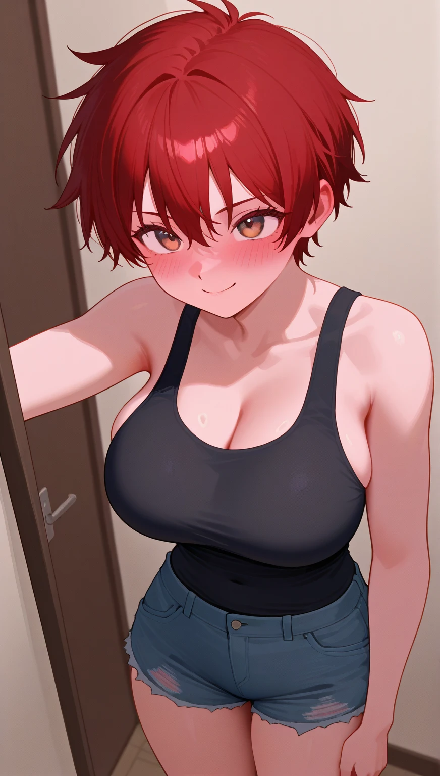 Ranmachan, Red hair, Braided hair, blue eyes, detailed eyes, Whole body, lindosexyrobutts, tight black blouse, black crop top, exposed navel, clothing attached to the body, tanga sexy, Open Door After Orgasm