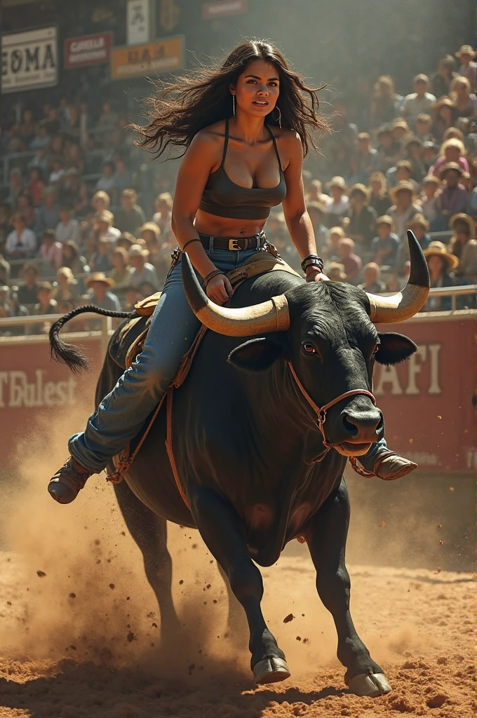 surreal photo, town scene, a sexy woman with a scared face is riding a mad bull, the bull wants to throw the woman to the ground, 16:9 ratio