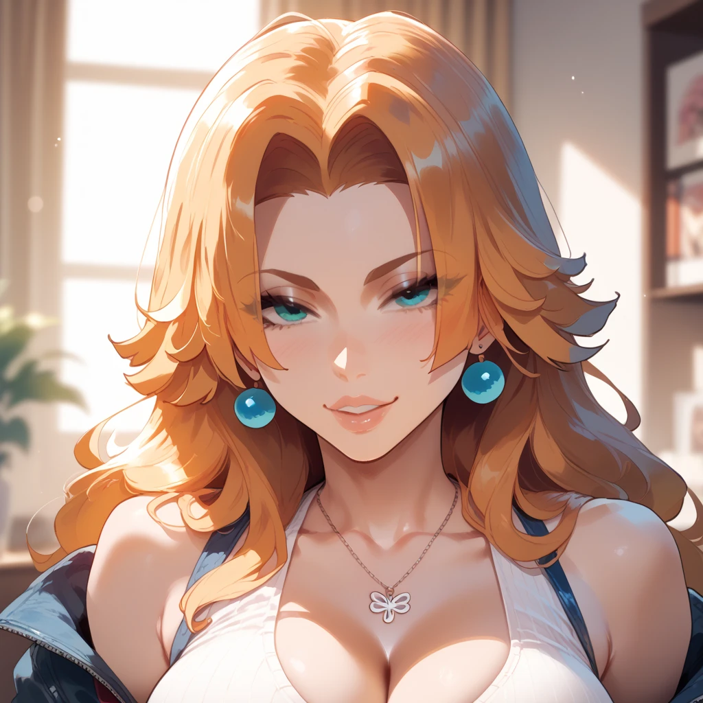 full body, extreme curls hair, short colored hair, lustful eyes, open mouth smile, aroused 25 years old, playfully aroused, dripping with desire, busty cleavage, slim waist, posing by the sofa, coy smile with open parted lips, (blushing:1.3), looking lovingly at the viewer, seductive eyes, facing the viewer, livingroom background, arms out (pov), glowing eyes, necklace, earrings, nsfw,