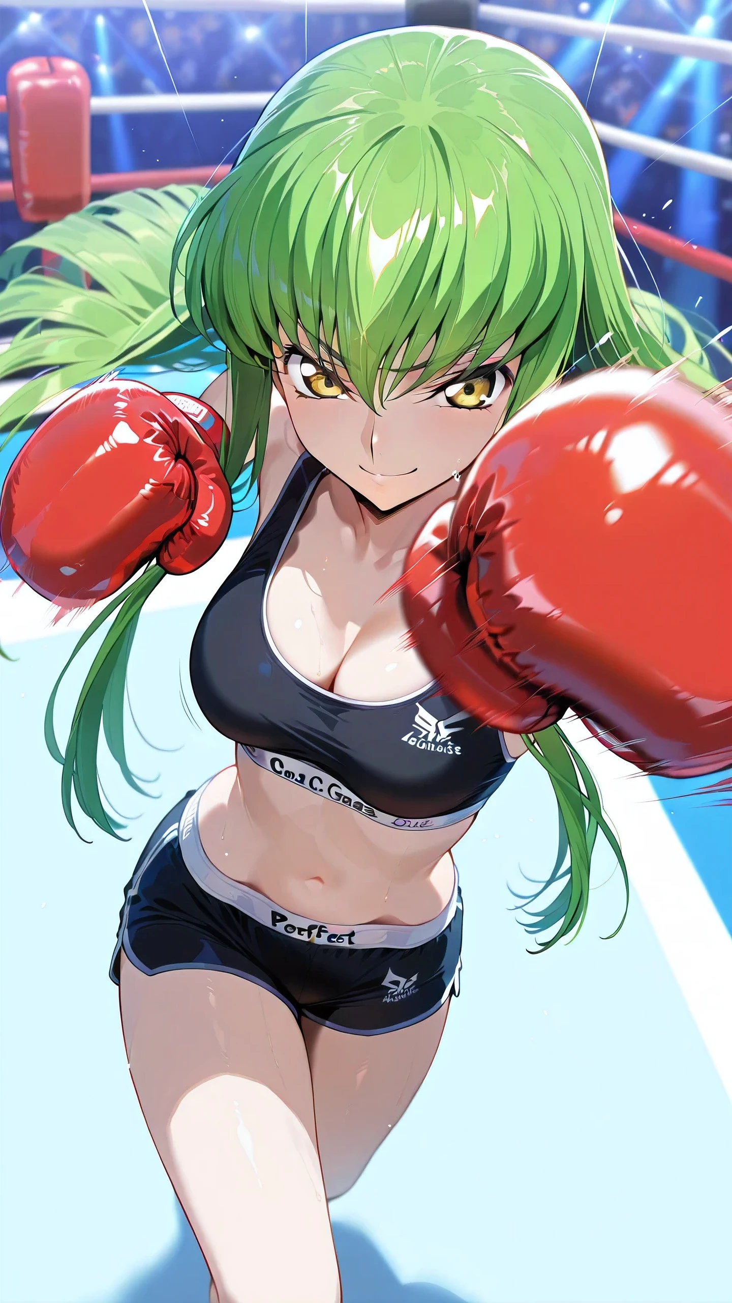 C.C., Code Geass, green hair, gold eyes, long hair, black sports bra, black sports very short spats, boxing gloves, bare thigh, cleavage, medium breast, Perfect body, detailed eyes, detailed face, glaring smile, looking at viewer, punching, clenched hand, motion lines, motion blur, portrait, from above.
boxing ring, spectator seats, (depth of field).