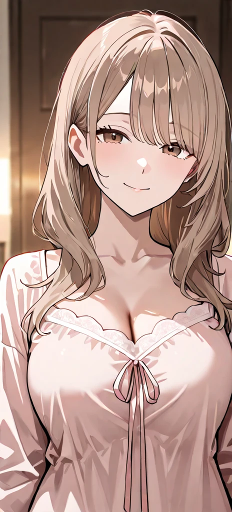 (8K, original photo, best quality, masterpiece:1.2),1 girl,alone,adult, purple eyes, pink hair, breast,split, half-closed eyes,Smile,Beautiful Body,Beautiful nose,Beautiful character design, perfect eyes, perfect face, Sexy Lingerie