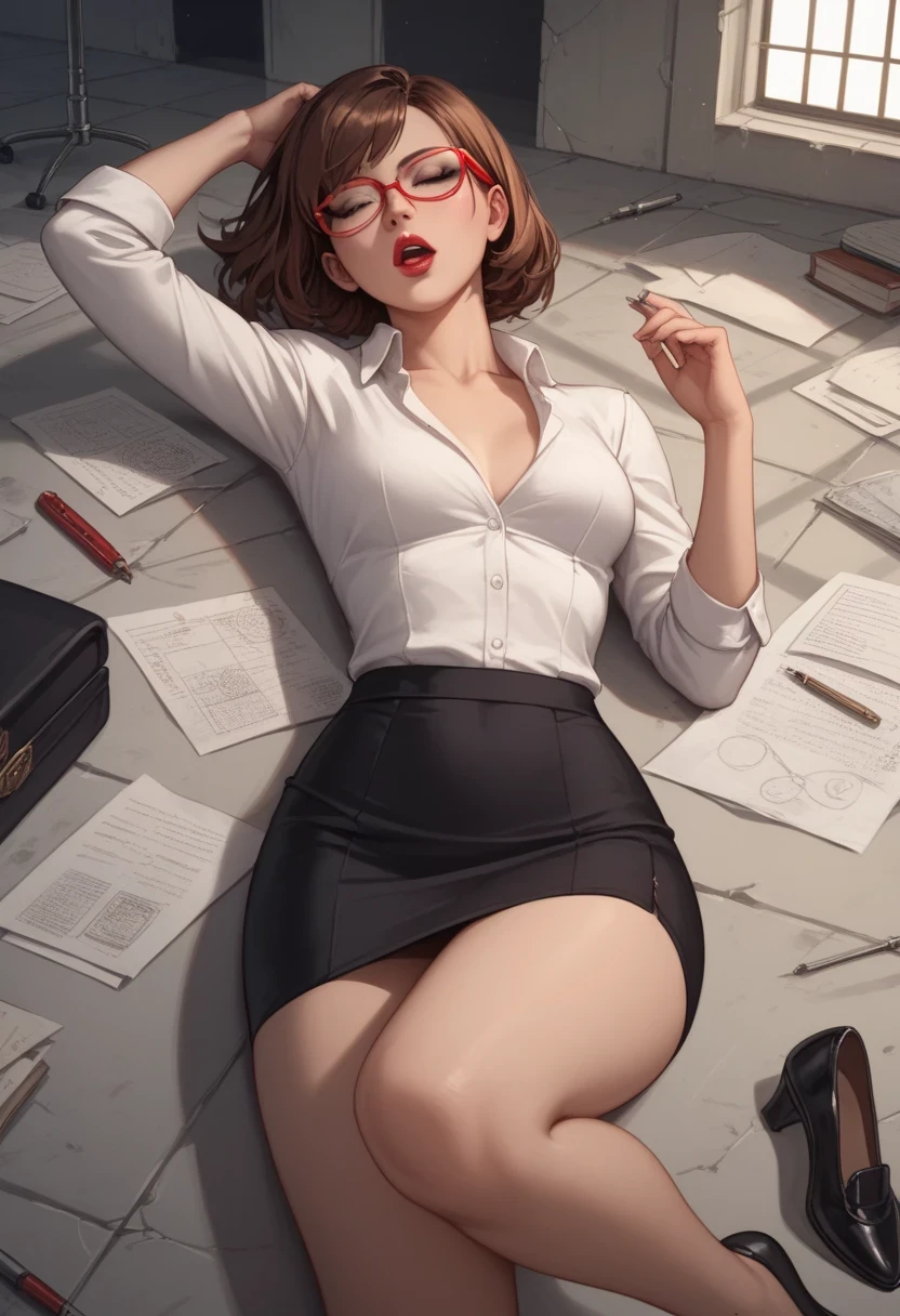 Sexy woman, Bob hair, Brown hair, red glasses, closed eyes, black eyes, red lipstick, small breast, curvy, White formal shirt, black skirt, black formal jacket, black formal shoes, walk in abandoned laboratory, fainted, lying on the floor, Open mouth