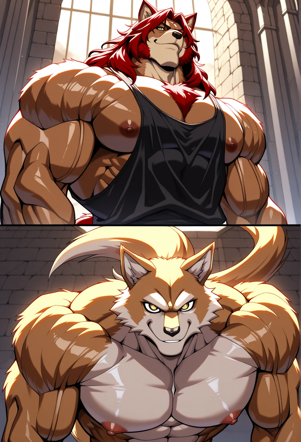 Male, Man, Wolf Ears, bara, black and white hair, red eyes, muscles, pecs, big pecs, massive pecs, round pecs, breasts, , large .