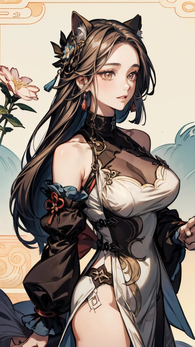 (masterpiece), best quality, seductive eyes, mature woman, black eyes, small eyes, long black hair, long eyelashes, white suit, sword attached on hip, big breast, anime cover, 1girl, tall,
