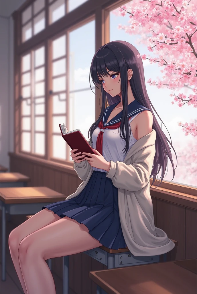 1girl in,Eru Sentanda, The long-haired, A dark-haired, student clothes, Purple Eye, White shirt, knee high, White socks, pleatedskirt, bangss, Black sailor color, neckerchief, Black skirt, long-sleeve, book library, sitted,