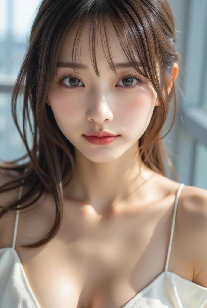 8K, of the highest quality, masutepiece:1.2), (Realistic, Photorealsitic:1.37), of the highest quality, masutepiece, Beautiful young woman, Pensive expression,、A charming、and an inviting look, Oversized knitwear、cleavage of the breast, Hair tied back, Cinematic background, Light skin tone