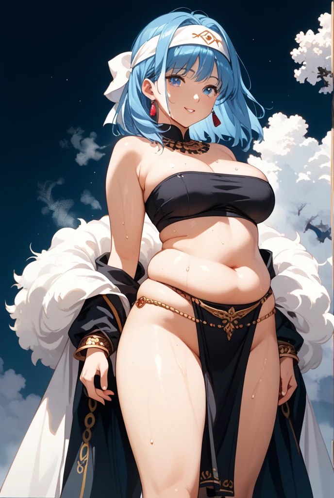 Lawsuit, a character from Tate no Yuusha, In his adult human form, She is a tall woman who has short silver hair., with an elegant and voluminous look, Big red eyes with a seductive look but still maintaining their characteristic shine. Figure of pronounced curves, big bust, narrow waist and wide hips. She wears a blue slingshot swimsuit with ruffles and elegant pink feather bows that highlight her extremely voluptuous figure with much larger than normal breasts.. swollen nipples, Carrying on his shoulders a large Queen's coat. Large, feathered ears, similar to those of a bird but adapted to its more adult appearance. Serious and emotionless expression, reflecting his dominant and indifferent personality with a touch of maturity. Dark and sensual expression, reflecting his imposing personality. His expression is haughty and self-confident., with cold and calculating eyes . She has a voluptuous and well-proportioned figure.., con un big bust y curvas acentuadas. A confident expression on his face, showing his characteristic seductive and elegant gesture, muscular legs (masterpiece quality, High resolution, detailed background, sitting on a throne with her legs crossed: 1.22), (giant breasts: 2.35), looking at the viewer, crimson thigh-high stockings and gold high-heeled shoes. Her expression is confident and seductive..