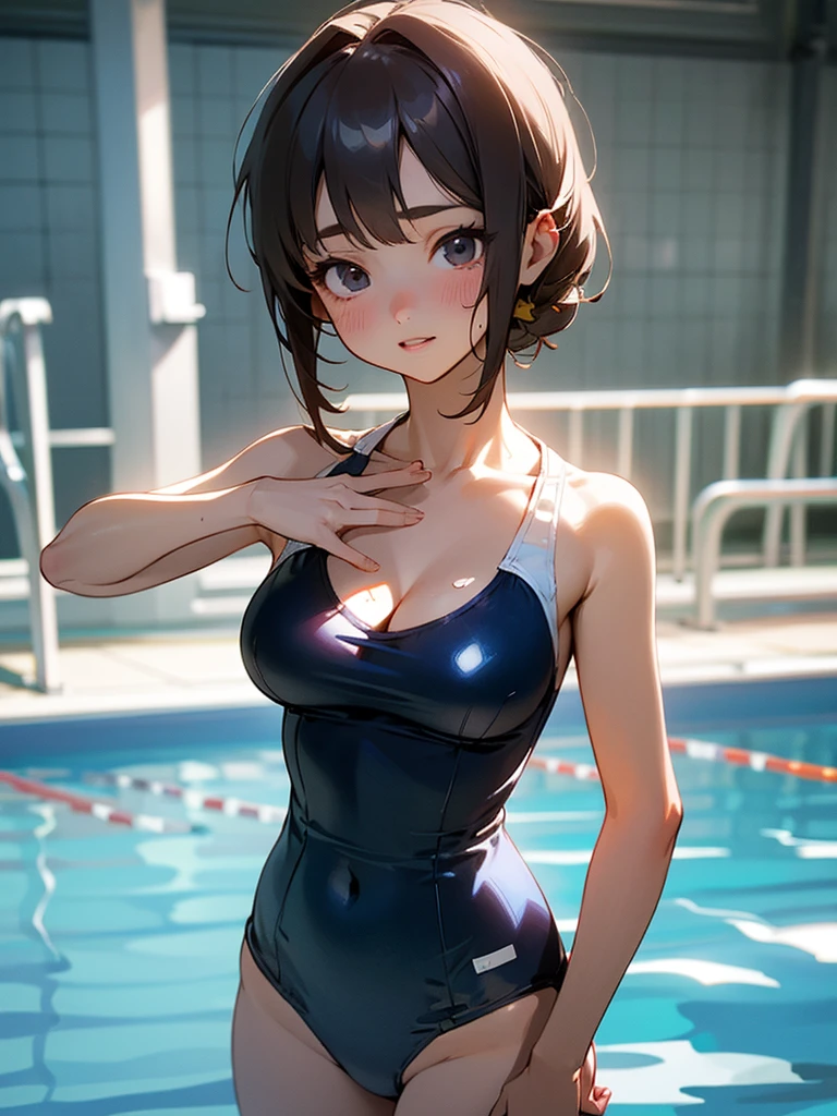 (((masterpiece))),(((High resolution))), (((perfect face)))、(((Japan beauty)))、15 years old, (((swimsuit))), ((top quality eyes)), detailed texture, ((high resolution face)), (at the swimming pool)