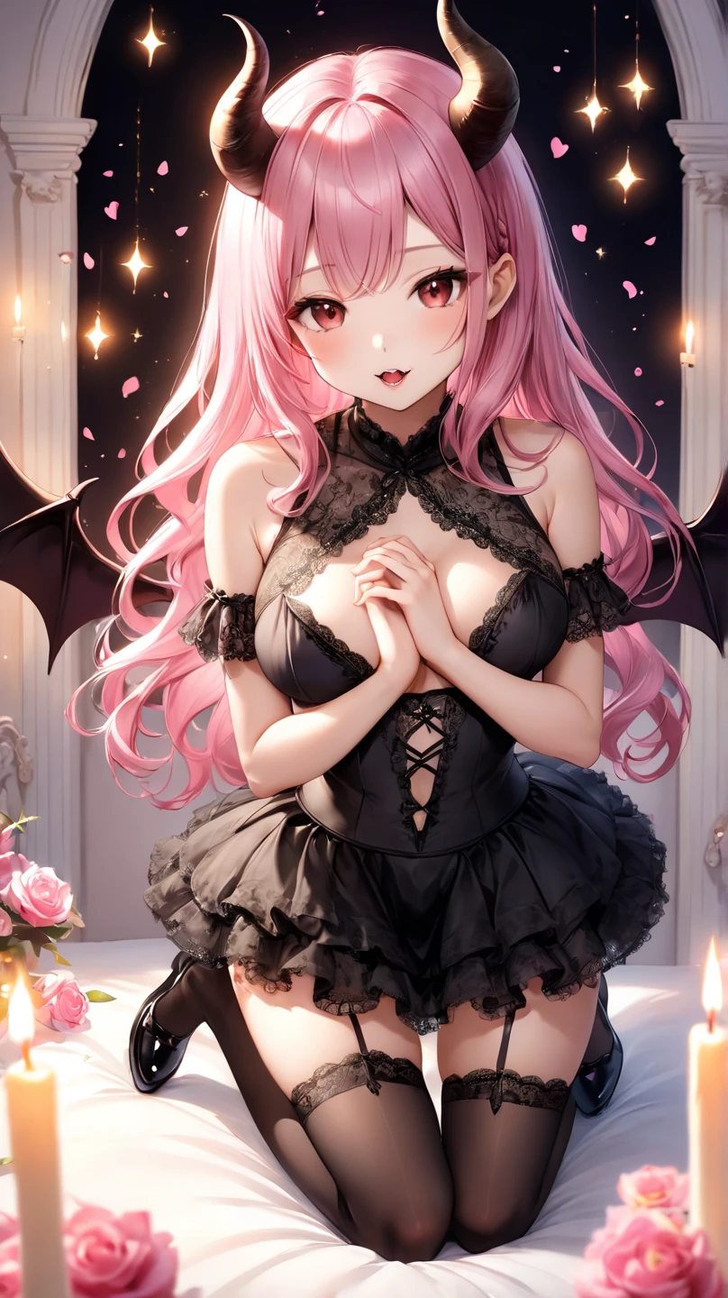 Succubus girl, golden pupils, pink hair, horn, cute, demon tail, anime