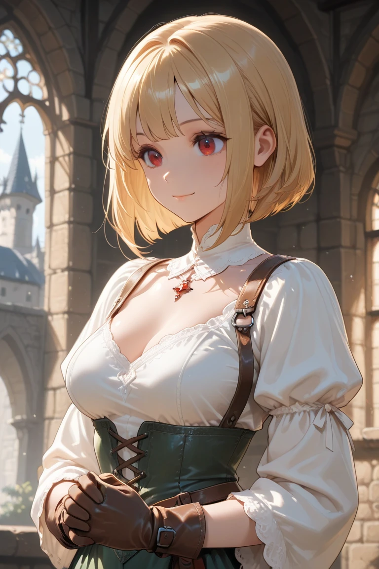 SFW (masterpiece, best quality, 32k, highres, absurdres) a youthful teenage girl with medium blonde hair ((golden blonde hair, bangs, diagonal bangs, straight bangs, blunt bangs, bob, assymetric bob, inverted bob, long bangs)), ((pink-brown eyes, pink eyes, brown eyes, red eyes)), ((eyeliner, dark eyeliner, eyeshadow, dark eyeshadow, makeup)), ((beautiful face, sultry face, impish face, delicate features, sexy face, aristocratic face)), ((pale skin, perfect skin, flawless skin)), walking, standing, relaxed, town, fantasy town, medieval town, village, fantasy village, medieval village, sky, clouds. Fantasy adventurer clothes, medieval fantasy clothes, mage, thief, warrior, spellthief, battle mage, ((white top, cleavage, pushup cleavage, scoop neck, tight top, taut top, red accents, gold accents, shoulder armor, long sleeves, bracers, vambraces, corset, harness, chest harness, framed breasts, miniskirt, high-waist skirt, half-skirt, pleated skirt, white skirt, thigh strap:1.4)), ((huge breasts:1.7, first-rate breasts:1.3, round breasts:1.3, heavy breasts:1.3)), ((slim:1.3, lithe:1.3, slender:1.3, thin:1.3, busty:1.2, buxom:1.2)), ((round hips, thin waist, waspish waist)), ((long legs, slender legs)), small smile ((full lips)), serene expression, calm expression, relaxed expression, open eyes, large eyes, expressive eyes, head to waist portrait, cinematics, color oil painting, cinematic lighting, ((extremely detailed face)), ((finely detailed face)), ((Extremely detailed eyes)), ((finely detailed eyes)), ((beautiful face)), ((beautiful eyes)), perfect lighting, depth of field, (realistic proportions), (good anatomy), ((solo:1.6)), ((1girl:1.6))