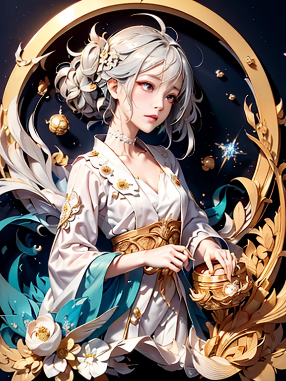 (((Super Masterpiece, Super High Definition, 16K, Very Delicate and Beautiful))))), (((Masterpiece, Highest Quality, 8K, Clear and Detailed, Very Clean and Clear))), Very Beautiful, Bed (flowers all around the girl), dress (luxurious dress, beautiful embroidery, beautiful dress, cute dress), , round, ), small breasts, super long hair (braids) , bangs, beautiful yellow), (baby face: 1.2), short legs, dazed, mouth slightly open, on back, from above, ), girl lying separately with her hands on her chest.color々A pose、On all fours、color々Composition