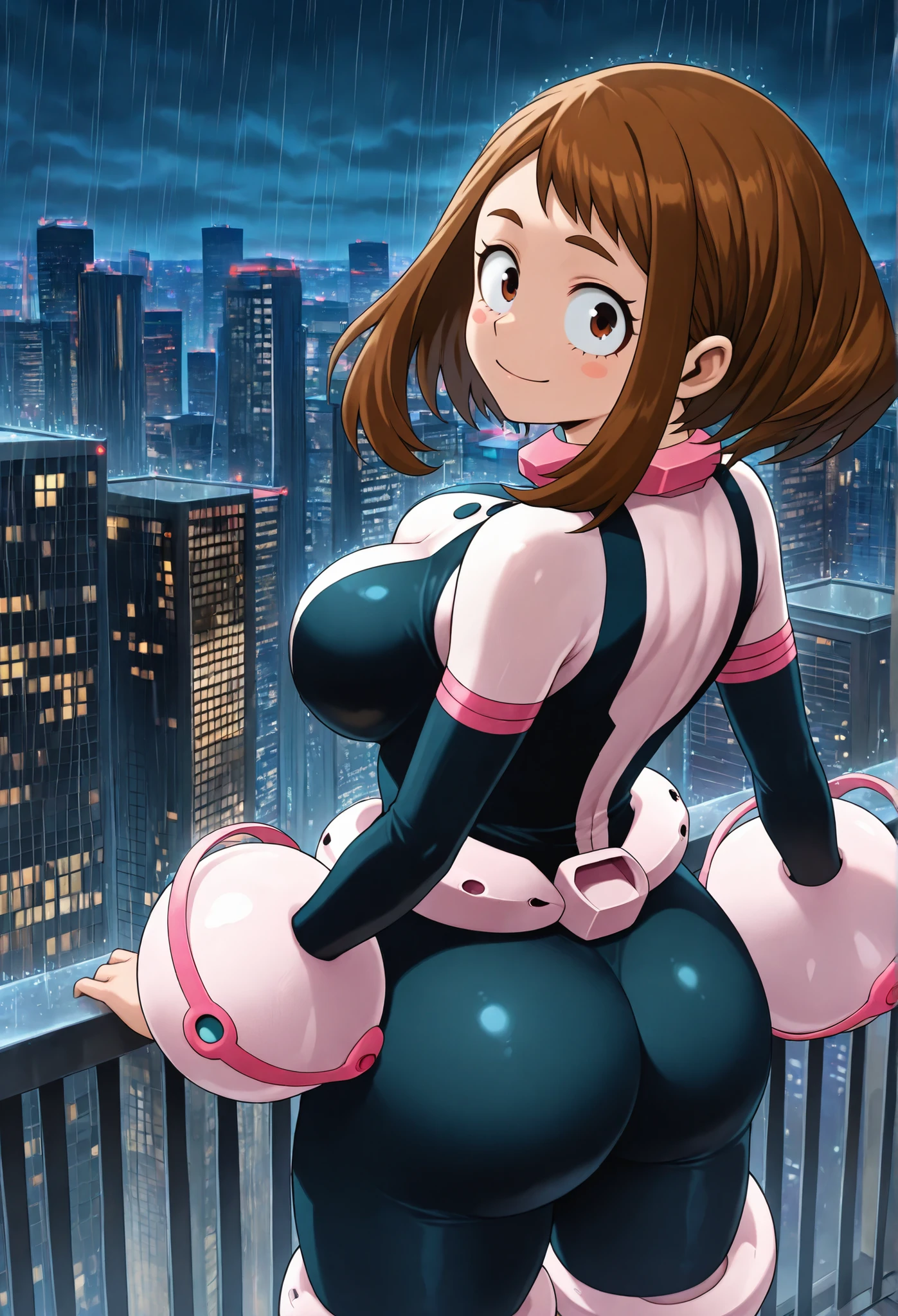 official style, anime screenshot, Uraraka Ochako, 1 girl, brown hair, brown eyes, solo, superhero, hero bodysuit, pink wrist guards, closed mouth, large breasts, (F65), sexy style, standing on the roof of a skyscraper, night, rain, the metropolis illuminated at night, in the background the city illuminated at night, standing in front of the railing of the skyscraper, happily watching the city, standing with her back to the viewer, absentmindedly sticking out her butt, sexy butt,