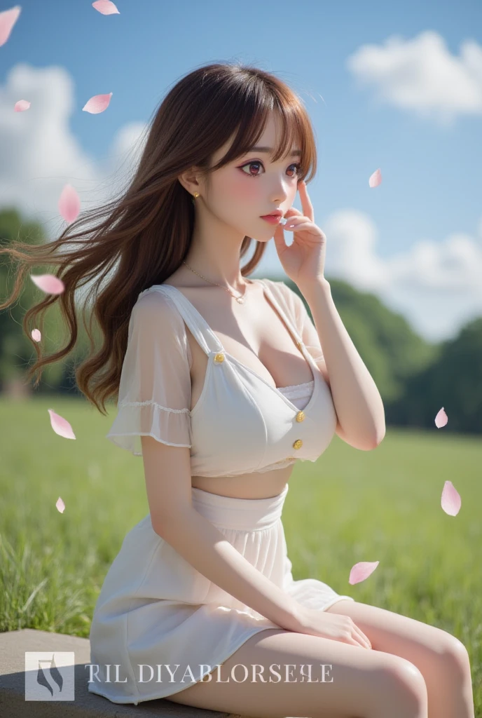 Beautuful Women、(top-quality、in 8K、32K、masterpiece、nffsw:1.3)、(Photorealsitic:1.4)、realisitic:1.2、Detailed skin、Elegance、top grade、Sunglare、lensflare、Detailed shading by sunlight、depth of fields、blurry backround、( White off-the-shoulder dress)、Wisteria shelf、Wisteria flower background、ear ornament、lady's、a necklace、(A sexy:1.2)、breastsout、