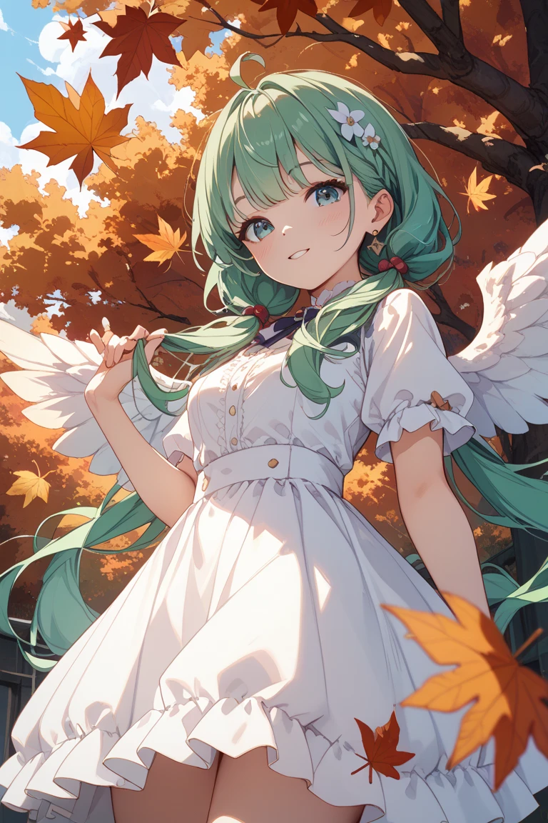 4k,High resolution,one woman,harpy,dark green hair,short ponytail,blue eyes,medium breasts,white wings,golden toenails,shrine maiden,shrine maiden服,No sleeve,medieval castle town,daytime sky