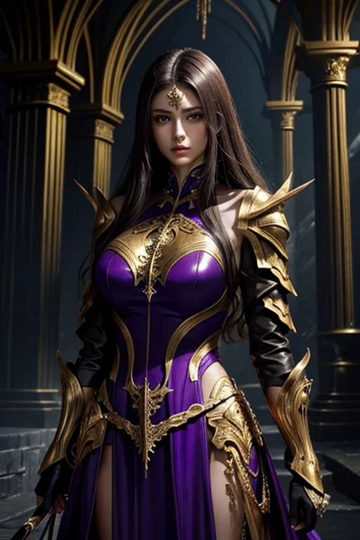 Sindel from Mortal Kombat wearing a majestic purple dress, with golden details and embroidery. The suit accentuates my beauty while exuding elegance and power.