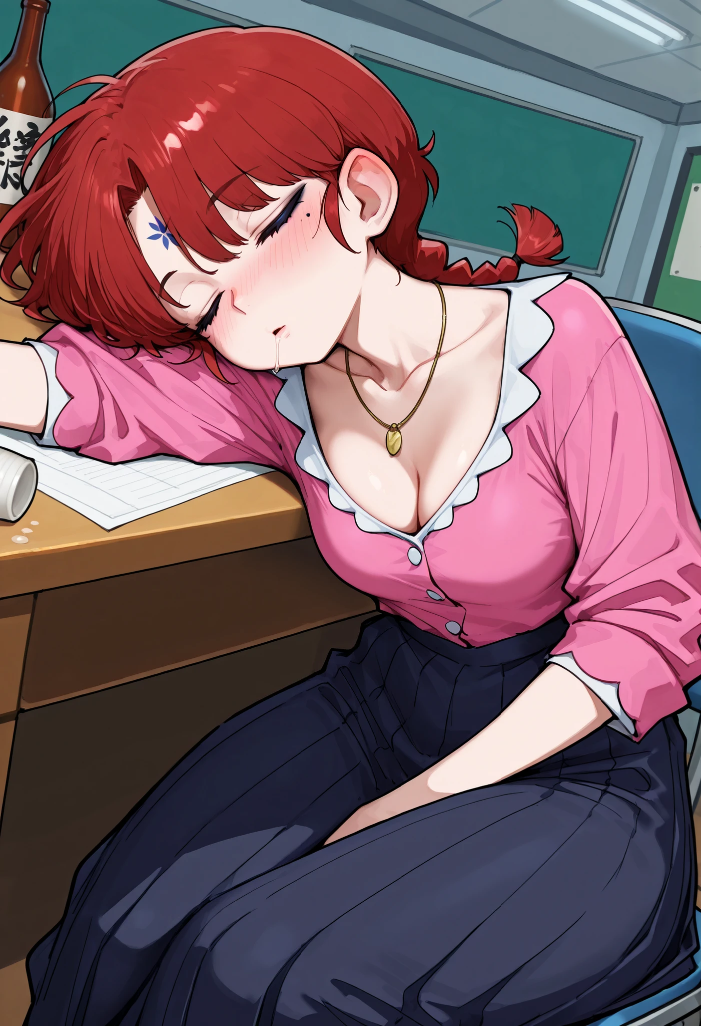 safe_pos, Ranma Saotome. red hair. pigtail. blue eyes. braid. small breasts. huge hips. necklace. black eyeliner. pink manicure. | Masterpiece, Best Quality, Naruhostyle, breast, ample breasts, forehead mark, facial mark, collarbone, dynamic angle, cleavage, blush, collarbone, gorgeous woman, cute woman, office, detailed background, many sake bottles are on the desks, spilled sake bottles, woman Sleeping On Desk, head on desk, sleeping, covered by hair, view from side, (((sleeping on desk))), behind the desk, on the desk, pleated ski, drunk, red cheeks, snoring, sleep drooling,
