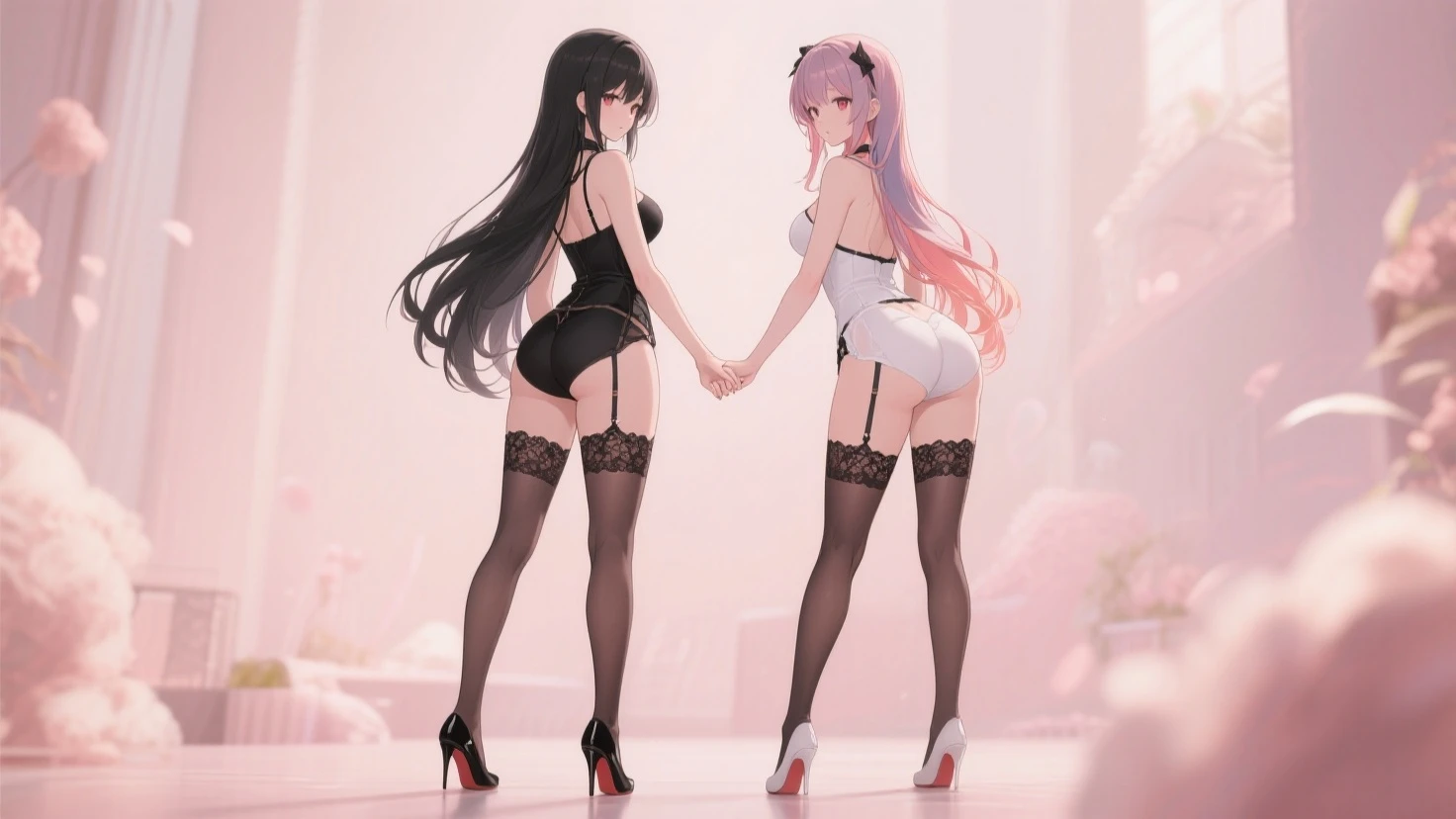 ((2 girls)), ((highest quality)), (super detailed), (very detailed CG 統合 8k 壁紙), very detailed, High-definition RAW color photo, professional photography, slender body, ((beautiful big breasts)), ((bare chest)), (pink hair ornament), peanut butter brown hair, wonderful face and eyes, pink eyes, (amazingly beautiful girl), School, (see-through sheer micro bra:1.6), (Shiny dark pink satin lace panties:1.3), (Shiny dark pink satin lace panties:1.3)、panties that cover the butt、Panties that stick tightly to your buttocks and dig into them、garter belt、camel toe,　erect nipples、knee high socky back is turned、showing your butt、Angle from the back
