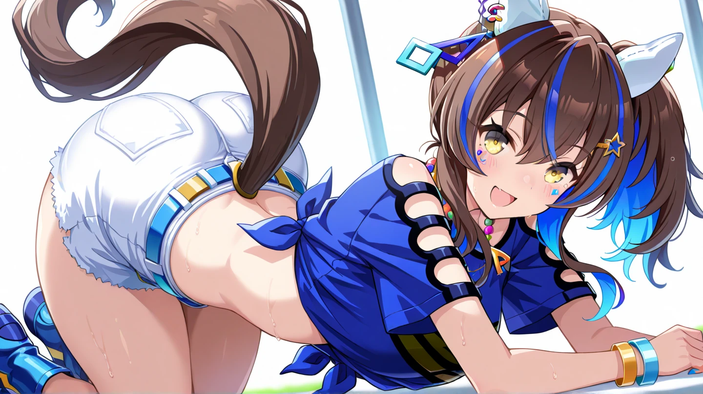(Resembles D.VA from overwatch), long brown hair, blue and white d.va , ((beautiful ((brown)) eyes)), slender body, anime style, standing, god rays, ray tracing, cinematic lighting, depth of field, from behind, UHD, masterpiece, retina, high quality, best quality, highres, 8k, thick, (wink), ((seductive smile)), (sweat marks), (big ass),