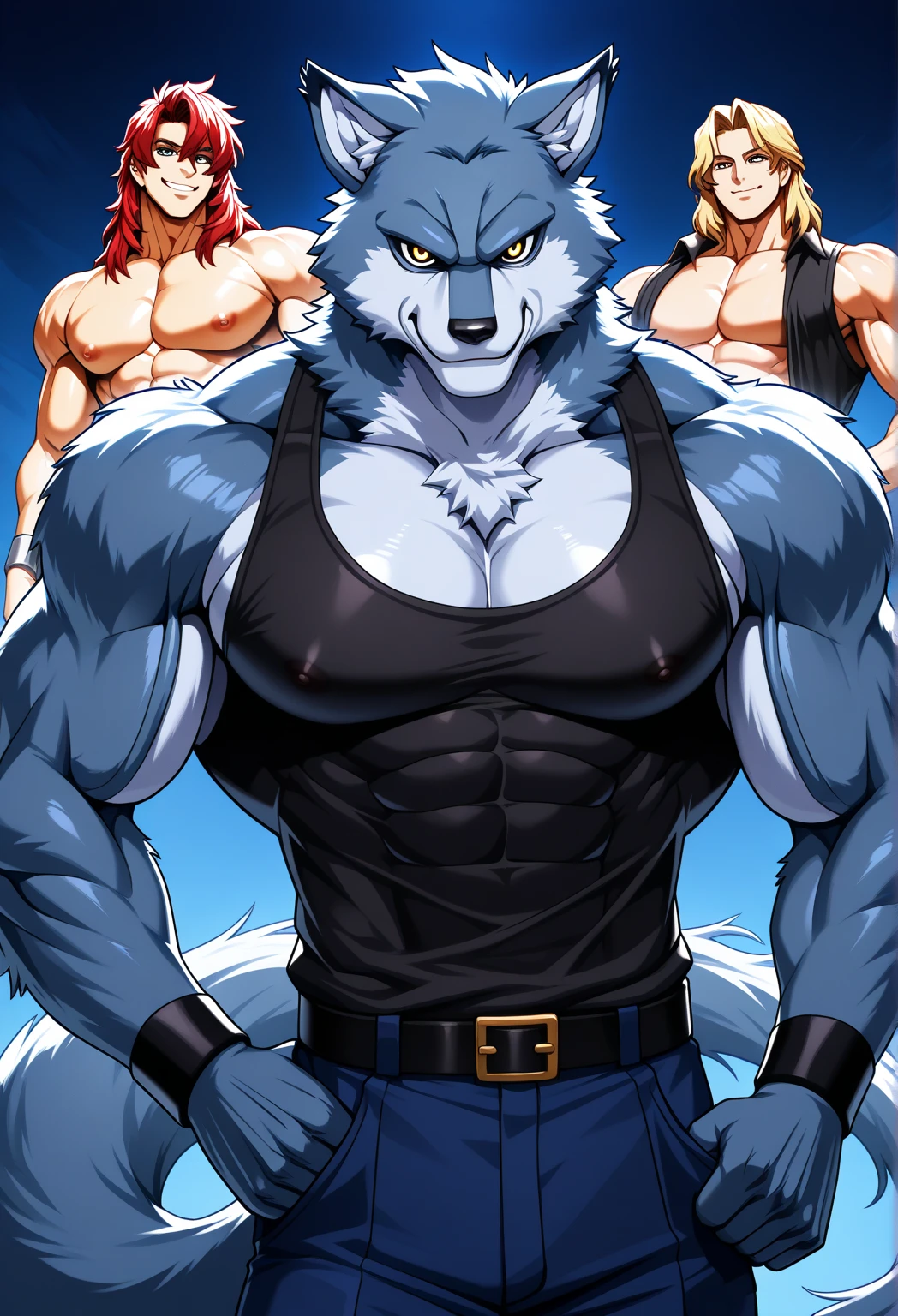 Full body, muscular lean body, White wolf, male, brown shirt, black short hair, deep blue eyes, scar in left eye, angry