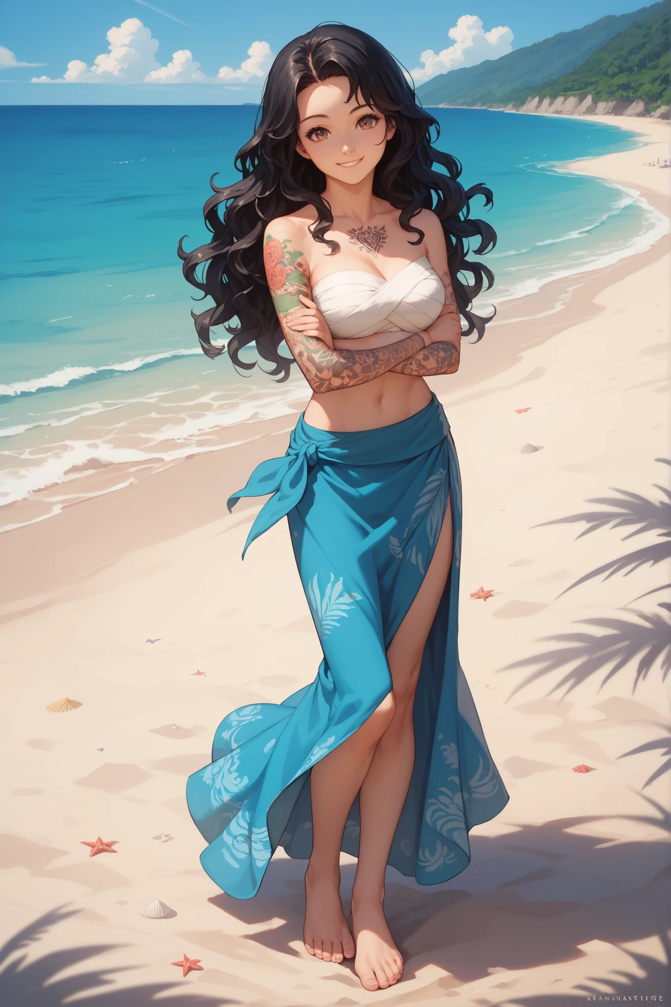 (((masterpiece))), Haigress, Nico Robin, One girl, alone, Long Hair, View your viewers, smile, blue eyes, skirt, Large Breasts, shirt, Black Hair, belly button, Cleavage, very Long Hair, Mouth closed, clavicle, whole body, Short sleeve, abdomen, High heels, Crop top, sunglasses, blue shirt, Wear glasses on your head, orange long skirt, handrail, I slicked my hair back., Partially defrosted, Place your hands at your sides,