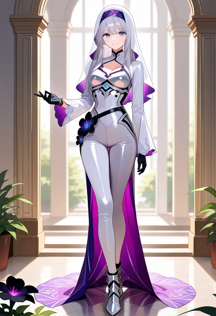 UHD, masterpiece, best quality, extremely detailed, anatomically correct, sharp focus, Midnight, purple moon, Church , altar isle, falling petals, ((full body portrait)), 1girl, solo, camilavtuber, ((pink hair)), short hair, shoulder length hair, ((black head wings)), ((twin ponytail)), purple eyes, facial mark, slim arms, white arm sleeves, white gloves, small chest, 1devil wing, white long gown, high slit gown, slim legs, white stockings, black high heels, full body shot, close up, innocent pose, Eye-Level Shot, front view, innocent pose
