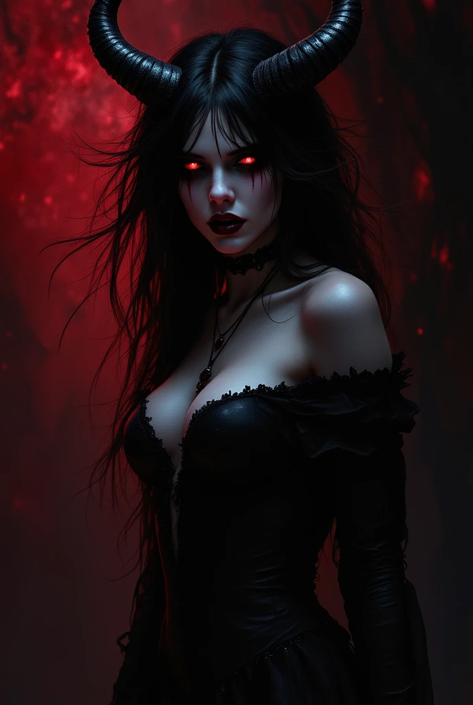 digital art, full view of a very beautiful woman, black hair, white skin, red eyes, gothic look, satanic tattoo, jewelry, dark and shadowy, almost naked, in the light of the moon, foggy and ghostly night, disturbing atmosphere and gothic, many details, high quality, 4K