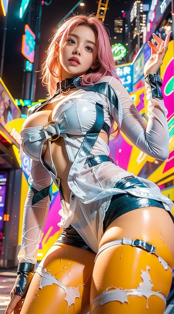 High definition, top quality, shiny white and pink and light blue micro bikini, smile, so huge breasts, huge ass, 40 year old woman, alone, showing ass to viewer, wet ass, long nails, cyberpunk background, detailed crotch, detailed, no clothing, huge ass with realistic texture.realistic texture breasts, areola visible