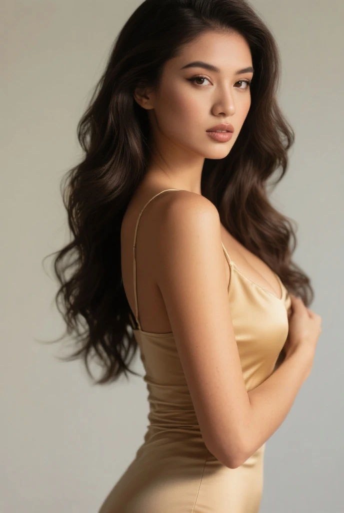 best quality, ultra high res, (photorealistic:1.4), 1girl, sleeveless turtleneck, (busty), (brown long hair:1.3), (looking at viewer), (full body), (closeup), (medium breasts:1.2), (busty:1), looking at viewer, closeup,