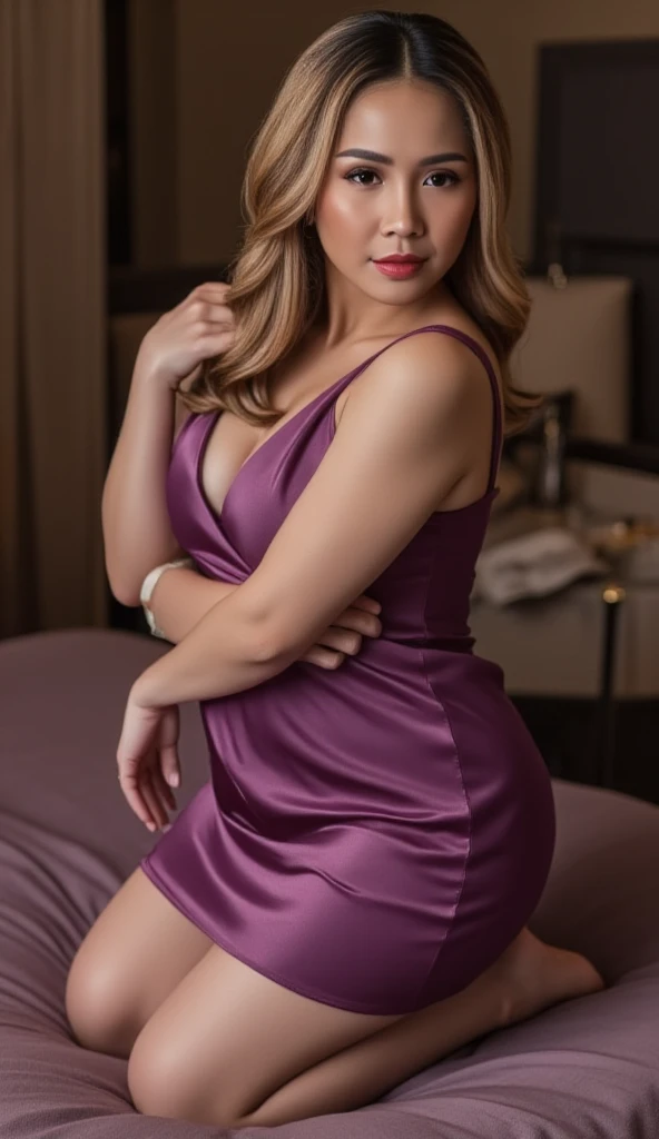 masutepiece, Best Quality, Photorealsitic, Ultra-detailed, finely detail, hight resolution, 8k wallpaper, Professional, high level of detail, (fully body photo), (Attractive 20 year old woman), Elegant and stylish hair, blonde hair, Floating hair, (Purple gorgeous long dress), Luxury bar at the hotel, Natural lighting, Seductive bust, well-shaped natural breasts, elegent, toned body type, Hourglass body shape, (sitting in the chair), ((See the viewer's eyes))