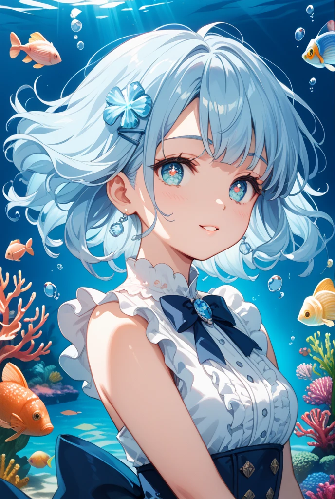 watercolor,12yo,baby face,eyes widen smile,pigtails,tanlines,in the deep sea swim,lips,Multicolored blue hair slicked back,cotton camisole,Cinderella bust,
