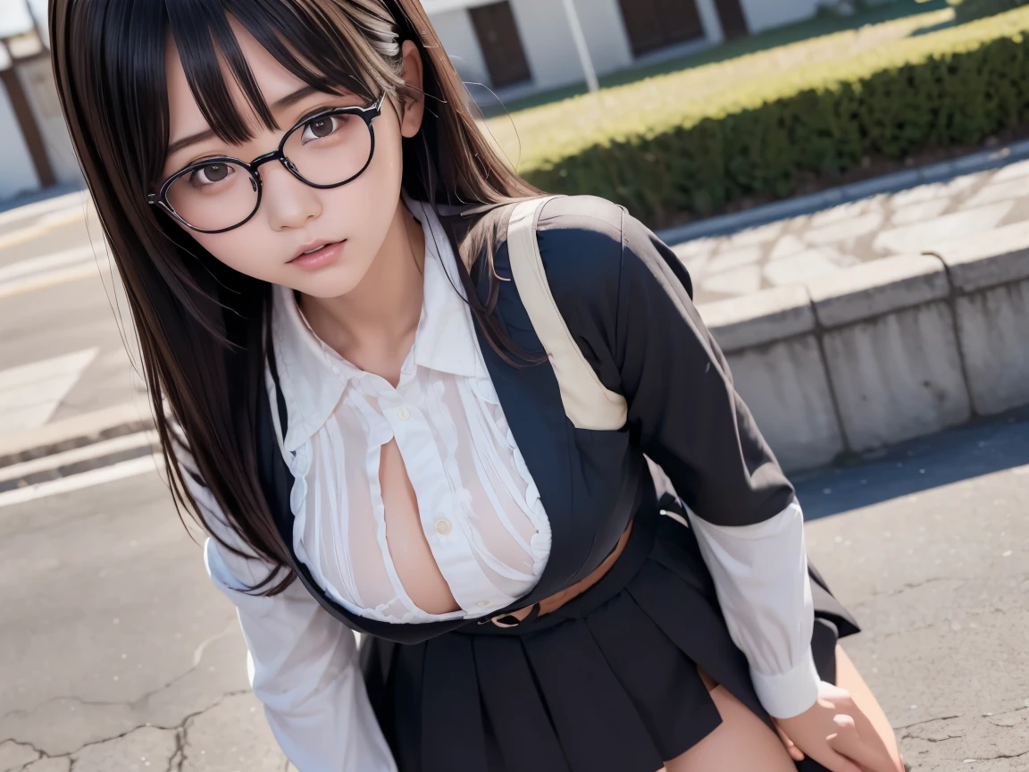 (Underwear is visible)、((Narrow-eyed))、((Narrow-eyed))、((Narrow-eyed))、(8K、Raw photography、top-quality、​masterpiece：1.2),、Has a small、(flat breast)、(flat breast)、(flat breast)、(flat breast)、(flat breast)、(being thin)、light skinned、skin whitening、Dark look、Rasping,glamor,Chromo-white skin,cocky,School,watching at viewers,Looking at the front,Muchimuchi,High-pitched clothing,Erotic,Pupils,de pele branca,kne,((Black pantyhose)),absurderes,a small face,,Forehead visible,Bangs hanging from the left and right sides of the forehead,(a cold expression,Tight eyes,glares,Bullish,irate)、​masterpiece,top-quality、超A high resolution,Raw photo,ren,Beautiful fece,One Person, solo,eye glass,,Dark look,Small breasts,fullllbody,Round glasses,JK ,hi-school girl,A Japanese Lady,is standing,（Photorealsitic：1.37）、Photon mapping,Realistic、Beautie,Cute little face,Brown-eyed、Black socks、(Red bow tie)、Radio City、Physically Based Rendering、depth of fields、Blurry background、a picture,Body,beauty legs, Long legs, Thin leg,(Bangs are visible), hair, s lips, Blue_The eye, Knees are visible, Thigh, Black cotton socks, actress, Japanese idol, naked, no pants, no clothes, in the bedroom, sexy.