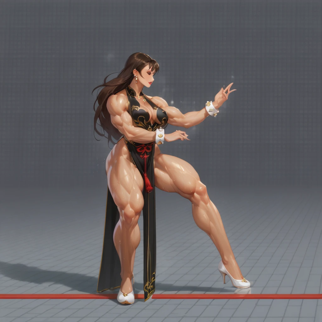 ((Masterpiece)),(((Best Quality))),((character design sheet:1.6)) illustartion, (chun-li :1.4), Sexy busty chun-li, long qipao by crotch, (alternate black qipao:1.4), ((Detailed Face:1.4)), Silver Heels, (full lips:1.3), ((gold and black :1.8, cleavage:1.5)), ((long hair :1.6)), the pose, 8K,16k, ( Background, whitebackground: 1.3)