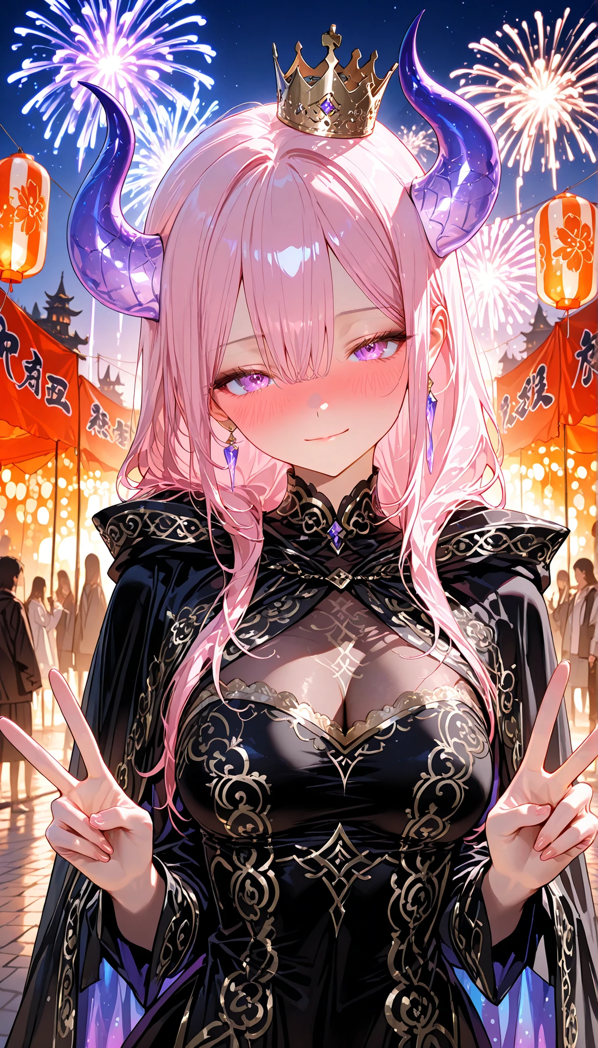 top quality, masterpiece, ultra-precise, ((top quality, masterpiece:1.3)), (sharp focus:1.2), (A beautiful, mature woman with a perfect body, seductive, 30-years), (선명한 보라색 눈동자), (선명한 눈매), (짧은 머리 스타일, 부드러운, soft light pink hair, no bangs, 이마), (translucent purple horns growing from the sides of the head, slightly above the ears), (black mini cloak with gold embroidery, soft black and gold short dress, and a small crown.), (A bright and cozy castle background, outdoor festival scene with colorful balloons and fireworks lighting up the sky.), full-face blush, medium breasts, light smile, upper body. (double v-sign.)